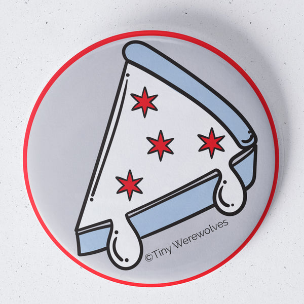 Based in Chicago by queer artist & designer Kayla Pekkala - Tiny Werewolves | Chicago Deep Dish Pizza Flag 1.75" Button Pin in | Shop to get your Metal Pinback Button with collections featuring retro-inspired designs infused with social commentary art, highlighting modern social & current events.