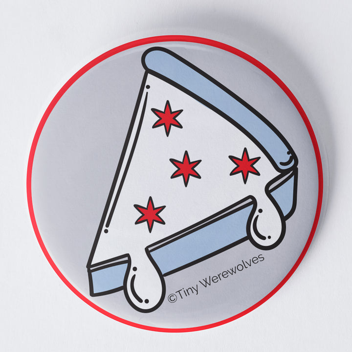 Based in Chicago by queer artist & designer Kayla Pekkala - Tiny Werewolves | Chicago Deep Dish Pizza Flag 1.75" Button Pin in | Shop to get your Metal Pinback Button with collections featuring retro-inspired designs infused with social commentary art, highlighting modern social & current events.