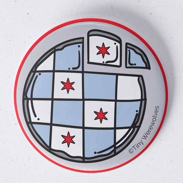 Based in Chicago by queer artist & designer Kayla Pekkala - Tiny Werewolves | Chicago Thin Crust Pizza Flag 1.75" Button Pin in | Shop to get your Metal Pinback Button with collections featuring retro-inspired designs infused with social commentary art, highlighting modern social & current events.