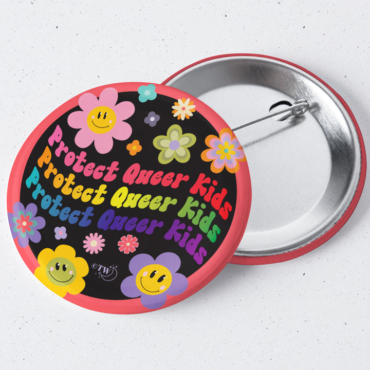 Based in Chicago by queer artist & designer Kayla Pekkala - Tiny Werewolves | Retro Flower Protect Queer Kids 1.75" Button Pin in | Shop to get your Metal Pinback Button with collections featuring retro-inspired designs infused with social commentary art, highlighting modern social & current events.