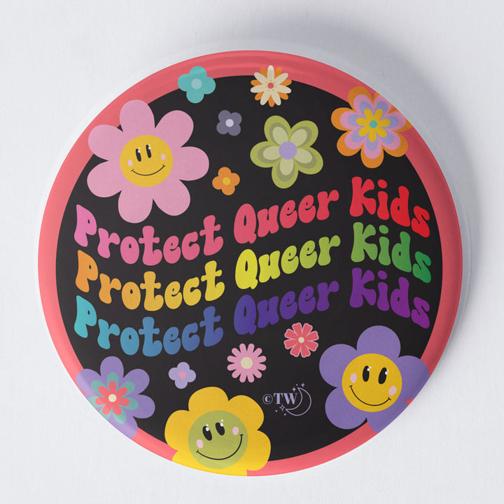 Based in Chicago by queer artist & designer Kayla Pekkala - Tiny Werewolves | Retro Flower Protect Queer Kids 1.75" Button Pin in | Shop to get your Metal Pinback Button with collections featuring retro-inspired designs infused with social commentary art, highlighting modern social & current events.