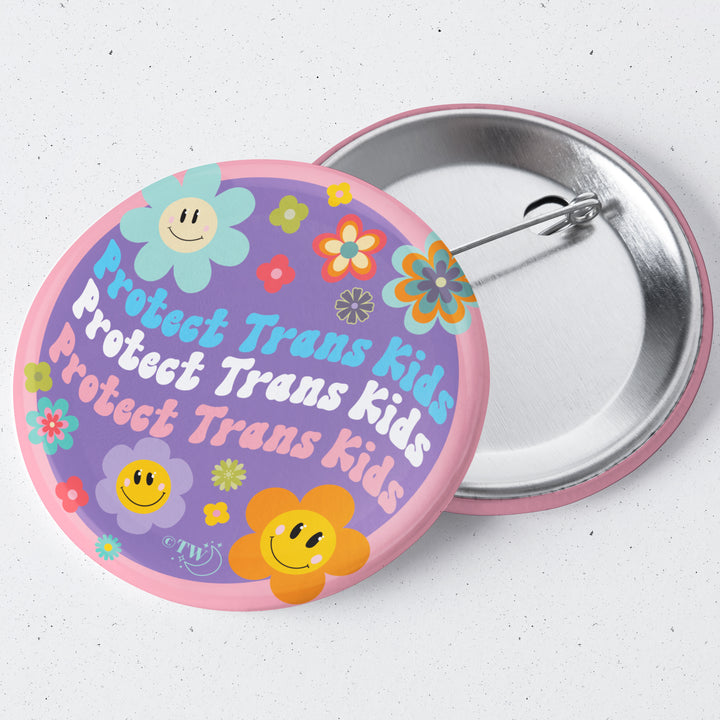 Based in Chicago by queer artist & designer Kayla Pekkala - Tiny Werewolves | Retro Flower Protect Trans Kids 1.75" Button Pin in | Shop to get your Metal Pinback Button with collections featuring retro-inspired designs infused with social commentary art, highlighting modern social & current events.