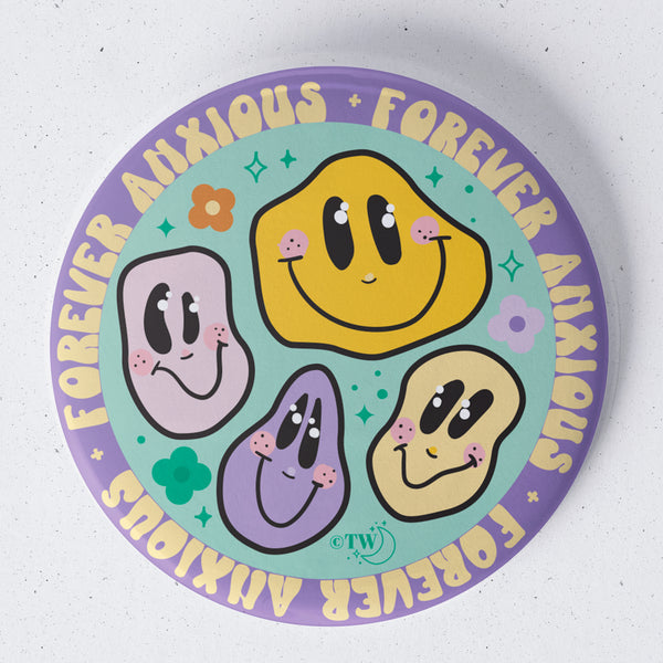 Based in Chicago by queer artist & designer Kayla Pekkala - Tiny Werewolves | Forever Anxious 1.75" Button Pin in | Shop to get your Metal Pinback Button with collections featuring retro-inspired designs infused with social commentary art, highlighting modern social & current events.