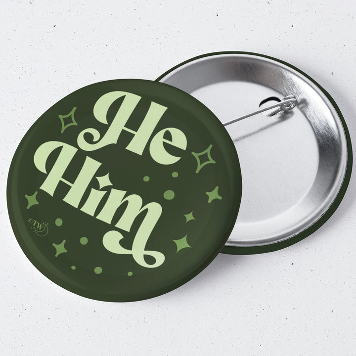 Based in Chicago by queer artist & designer Kayla Pekkala - Tiny Werewolves | He / Him Pronouns Retro Stars 1.75" Button Pin in | Shop to get your Metal Pinback Button with collections featuring retro-inspired designs infused with social commentary art, highlighting modern social & current events.
