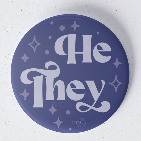 Based in Chicago by queer artist & designer Kayla Pekkala - Tiny Werewolves | He / They Pronouns Retro Stars 1.75" Button Pin in | Shop to get your Metal Pinback Button with collections featuring retro-inspired designs infused with social commentary art, highlighting modern social & current events.