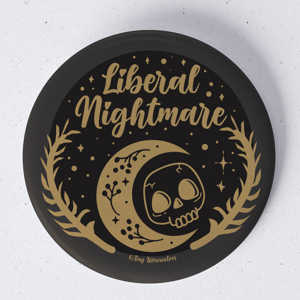 Based in Chicago by queer artist & designer Kayla Pekkala - Tiny Werewolves | Liberal Nightmare 1.75" Button Pin in | Shop to get your Metal Pinback Button with collections featuring retro-inspired designs infused with social commentary art, highlighting modern social & current events.