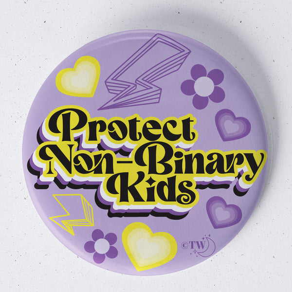 Based in Chicago by queer artist & designer Kayla Pekkala - Tiny Werewolves | Retro Protect Non-Binary Kids 1.75" Button Pin in | Shop to get your Metal Pinback Button with collections featuring retro-inspired designs infused with social commentary art, highlighting modern social & current events.