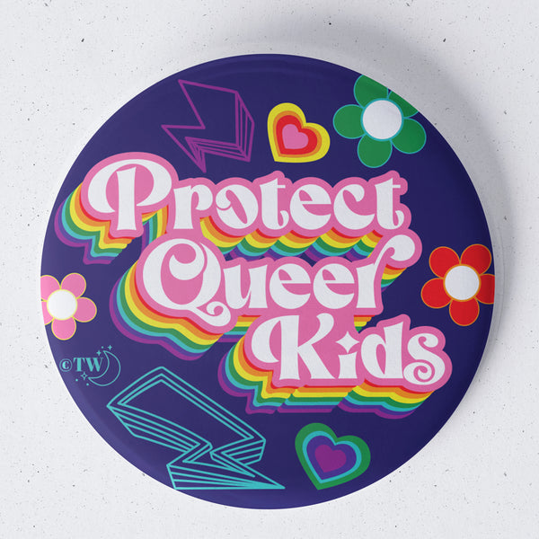 Based in Chicago by queer artist & designer Kayla Pekkala - Tiny Werewolves | Retro Protect Queer Kids 1.75" Button Pin in | Shop to get your Metal Pinback Button with collections featuring retro-inspired designs infused with social commentary art, highlighting modern social & current events.