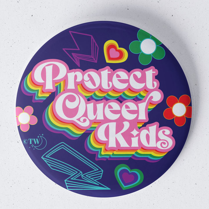 Based in Chicago by queer artist & designer Kayla Pekkala - Tiny Werewolves | Retro Protect Queer Kids 1.75" Button Pin in | Shop to get your Metal Pinback Button with collections featuring retro-inspired designs infused with social commentary art, highlighting modern social & current events.