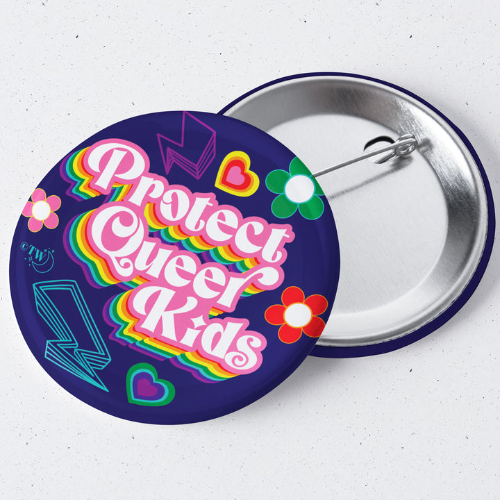 Based in Chicago by queer artist & designer Kayla Pekkala - Tiny Werewolves | Retro Protect Queer Kids 1.75" Button Pin in | Shop to get your Metal Pinback Button with collections featuring retro-inspired designs infused with social commentary art, highlighting modern social & current events.
