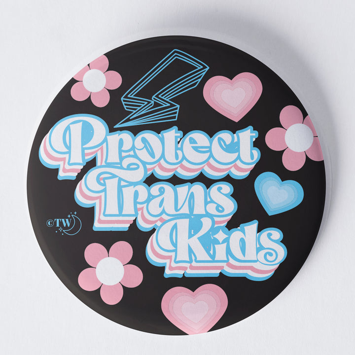 Based in Chicago by queer artist & designer Kayla Pekkala - Tiny Werewolves | Retro Protect Trans Kids 1.75" Button Pin in | Shop to get your Metal Pinback Button with collections featuring retro-inspired designs infused with social commentary art, highlighting modern social & current events.