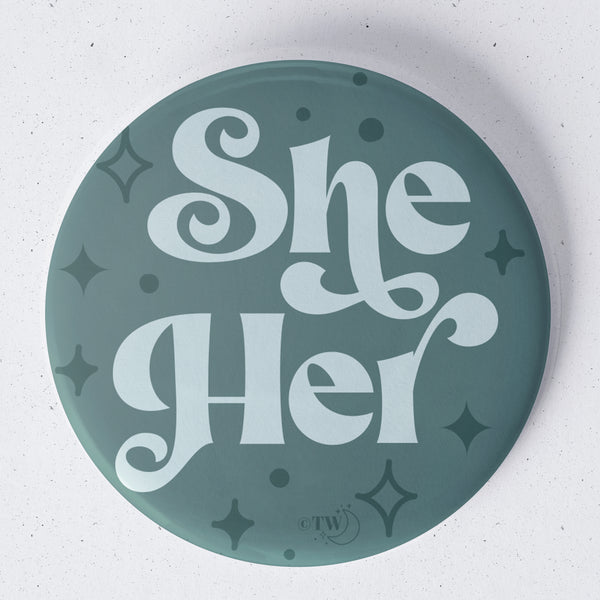 Based in Chicago by queer artist & designer Kayla Pekkala - Tiny Werewolves | She / Her Pronouns Retro Stars 1.75" Button Pin in | Shop to get your Metal Pinback Button with collections featuring retro-inspired designs infused with social commentary art, highlighting modern social & current events.