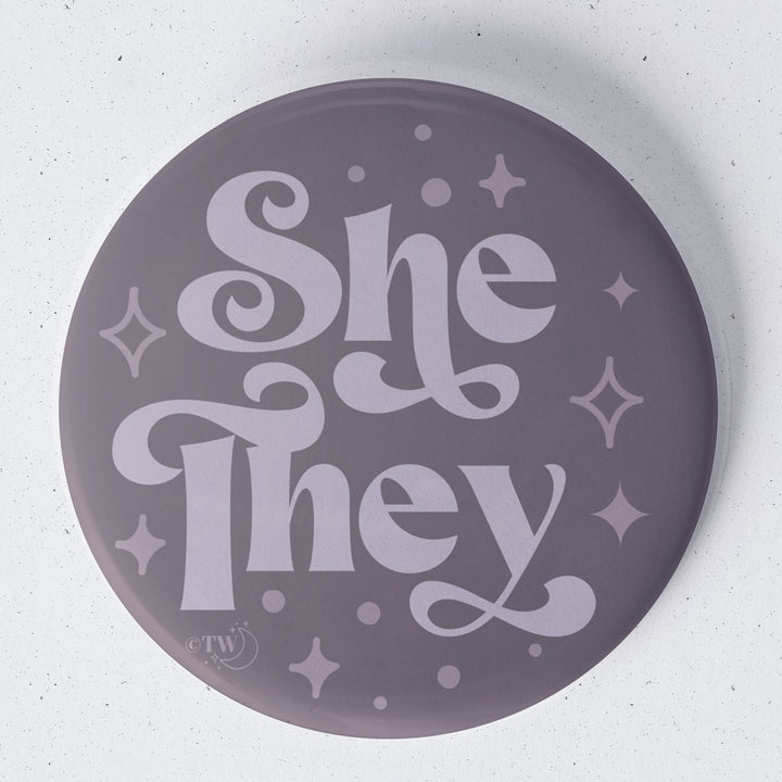 Based in Chicago by queer artist & designer Kayla Pekkala - Tiny Werewolves | She / They Pronouns Retro Stars 1.75" Button Pin in | Shop to get your Metal Pinback Button with collections featuring retro-inspired designs infused with social commentary art, highlighting modern social & current events.