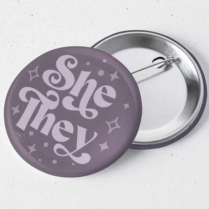 Based in Chicago by queer artist & designer Kayla Pekkala - Tiny Werewolves | She / They Pronouns Retro Stars 1.75" Button Pin in | Shop to get your Metal Pinback Button with collections featuring retro-inspired designs infused with social commentary art, highlighting modern social & current events.