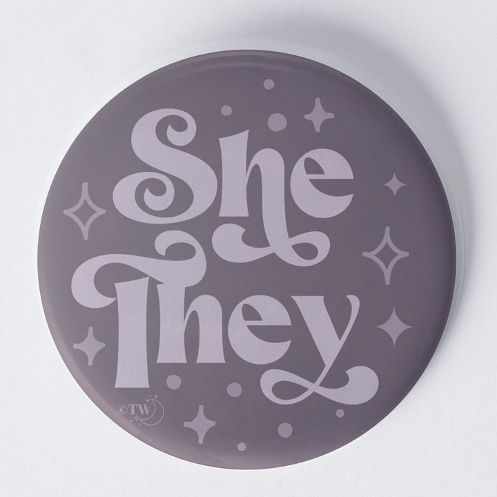 Based in Chicago by queer artist & designer Kayla Pekkala - Tiny Werewolves | She / They Pronouns Retro Stars 1.75" Button Pin in | Shop to get your Metal Pinback Button with collections featuring retro-inspired designs infused with social commentary art, highlighting modern social & current events.