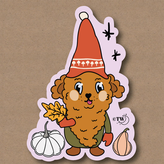 Based in Chicago by queer artist & designer Kayla Pekkala - Tiny Werewolves | Gnome Dog Leaf Sticker in | Shop to get your Sticker with collections featuring retro-inspired designs infused with social commentary art, highlighting modern social & current events.