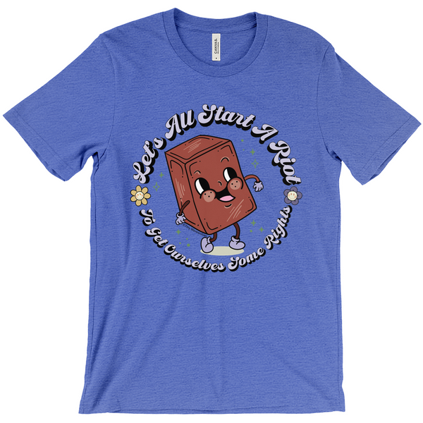 Based in Chicago by queer artist & designer Kayla Pekkala - Tiny Werewolves | Let's All Start A Riot Tee in Heather Columbia Blue | Shop to get your Tee with collections featuring retro-inspired designs infused with social commentary art, highlighting modern social & current events.