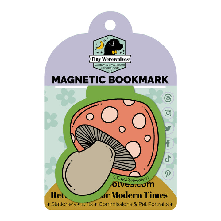 Based in Chicago by queer artist & designer Kayla Pekkala - Tiny Werewolves | Mushroom Laminated Magnetic Bookmark in | Shop to get your Magnetic Bookmark with collections featuring retro-inspired designs infused with social commentary art, highlighting modern social & current events.