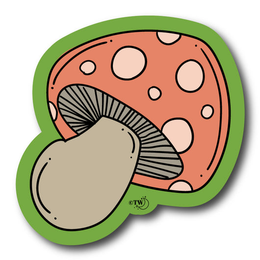 Based in Chicago by queer artist & designer Kayla Pekkala - Tiny Werewolves | Mushroom Sticker in 5" Sticker | Shop to get your Sticker with collections featuring retro-inspired designs infused with social commentary art, highlighting modern social & current events.