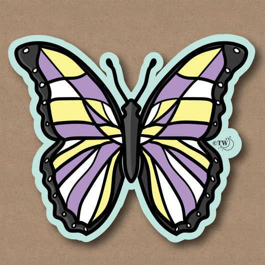 Based in Chicago by queer artist & designer Kayla Pekkala - Tiny Werewolves | Non-Binary Pastel Butterfly Sticker in | Shop to get your Sticker with collections featuring retro-inspired designs infused with social commentary art, highlighting modern social & current events.