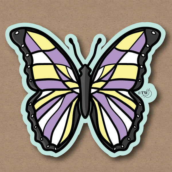 Based in Chicago by queer artist & designer Kayla Pekkala - Tiny Werewolves | Non-Binary Pastel Butterfly Sticker in | Shop to get your Sticker with collections featuring retro-inspired designs infused with social commentary art, highlighting modern social & current events.