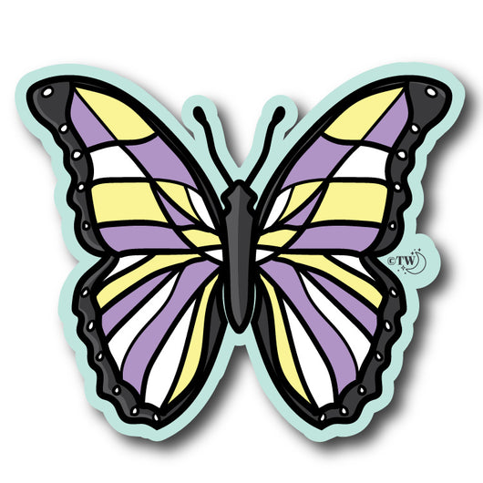 Based in Chicago by queer artist & designer Kayla Pekkala - Tiny Werewolves | Non-Binary Pastel Butterfly Sticker in 5" Sticker | Shop to get your Sticker with collections featuring retro-inspired designs infused with social commentary art, highlighting modern social & current events.