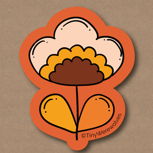 Based in Chicago by queer artist & designer Kayla Pekkala - Tiny Werewolves | Mustard Orange Retro Flower Sticker in | Shop to get your Sticker with collections featuring retro-inspired designs infused with social commentary art, highlighting modern social & current events.