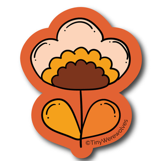Based in Chicago by queer artist & designer Kayla Pekkala - Tiny Werewolves | Mustard Orange Retro Flower Sticker in 5" Sticker | Shop to get your Sticker with collections featuring retro-inspired designs infused with social commentary art, highlighting modern social & current events.