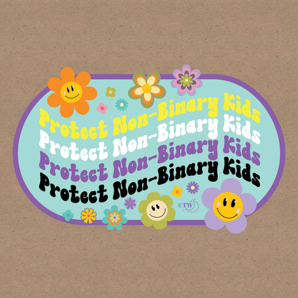 Based in Chicago by queer artist & designer Kayla Pekkala - Tiny Werewolves | Retro Flower Protect Non-Binary Kids Decal Sticker in 5" Sticker | Shop to get your Sticker with collections featuring retro-inspired designs infused with social commentary art, highlighting modern social & current events.