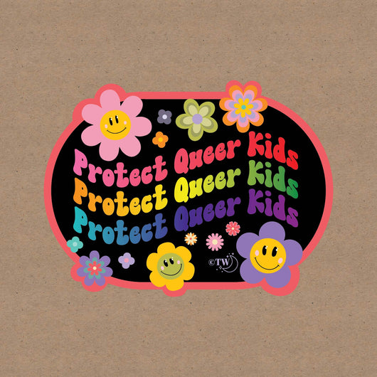 Based in Chicago by queer artist & designer Kayla Pekkala - Tiny Werewolves | Retro Flower Protect Queer Kids Decal Sticker in 5" Sticker | Shop to get your Sticker with collections featuring retro-inspired designs infused with social commentary art, highlighting modern social & current events.