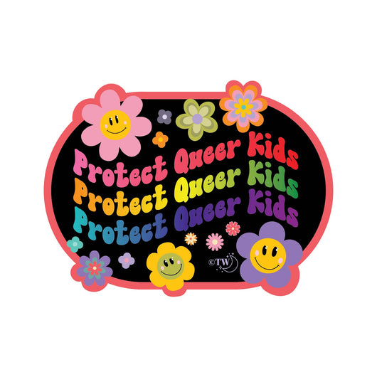 Based in Chicago by queer artist & designer Kayla Pekkala - Tiny Werewolves | Retro Flower Protect Queer Kids Decal Sticker in | Shop to get your Sticker with collections featuring retro-inspired designs infused with social commentary art, highlighting modern social & current events.