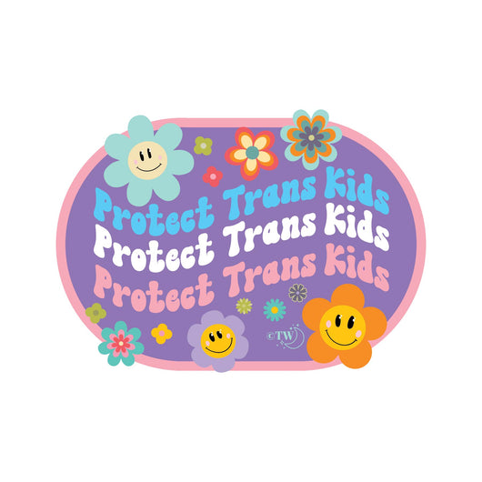 Based in Chicago by queer artist & designer Kayla Pekkala - Tiny Werewolves | Retro Flower Protect Trans Kids Decal Sticker in | Shop to get your Sticker with collections featuring retro-inspired designs infused with social commentary art, highlighting modern social & current events.