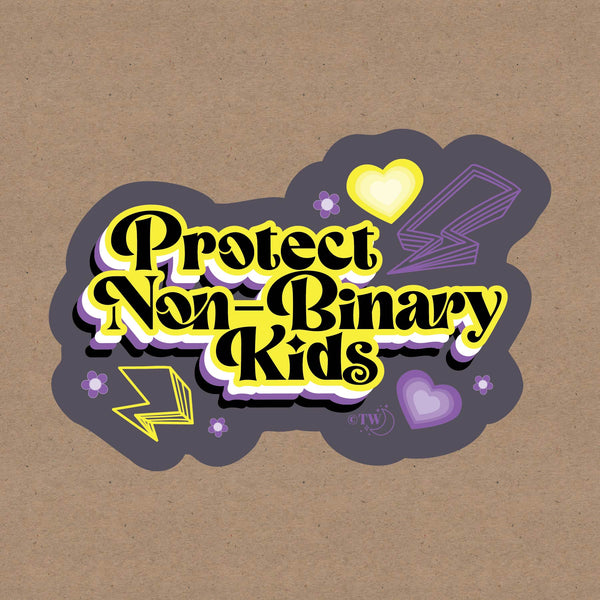 Based in Chicago by queer artist & designer Kayla Pekkala - Tiny Werewolves | Retro Protect Non-Binary Kids Decal Sticker in | Shop to get your Sticker with collections featuring retro-inspired designs infused with social commentary art, highlighting modern social & current events.