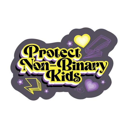 Based in Chicago by queer artist & designer Kayla Pekkala - Tiny Werewolves | Retro Protect Non-Binary Kids Decal Sticker in | Shop to get your Sticker with collections featuring retro-inspired designs infused with social commentary art, highlighting modern social & current events.