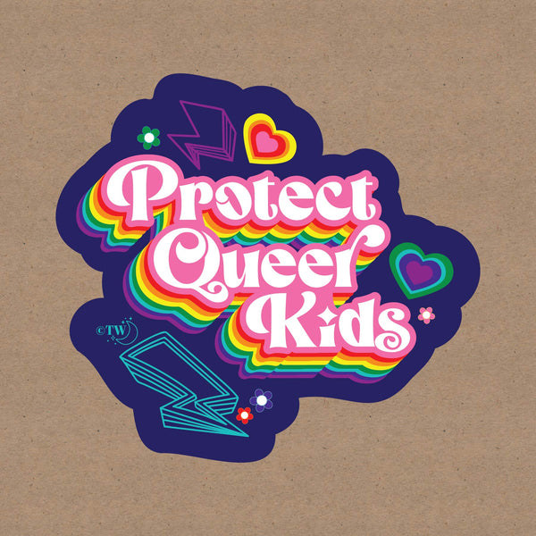 Based in Chicago by queer artist & designer Kayla Pekkala - Tiny Werewolves | Retro Protect Queer Kids Decal Sticker in 5" Sticker | Shop to get your Sticker with collections featuring retro-inspired designs infused with social commentary art, highlighting modern social & current events.