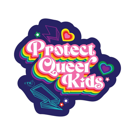 Based in Chicago by queer artist & designer Kayla Pekkala - Tiny Werewolves | Retro Protect Queer Kids Decal Sticker in | Shop to get your Sticker with collections featuring retro-inspired designs infused with social commentary art, highlighting modern social & current events.