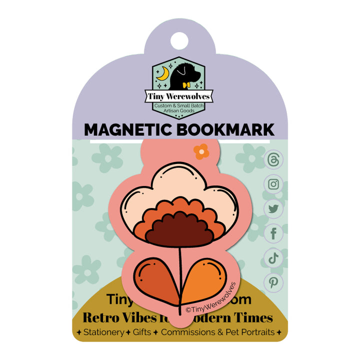 Based in Chicago by queer artist & designer Kayla Pekkala - Tiny Werewolves | Retro Flower Laminated Magnetic Bookmark in | Shop to get your Magnetic Bookmark with collections featuring retro-inspired designs infused with social commentary art, highlighting modern social & current events.