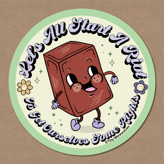 Based in Chicago by queer artist & designer Kayla Pekkala - Tiny Werewolves | Let's All Start A Riot Sticker in | Shop to get your Sticker with collections featuring retro-inspired designs infused with social commentary art, highlighting modern social & current events.