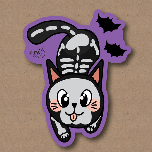 Based in Chicago by queer artist & designer Kayla Pekkala - Tiny Werewolves | Skelicat Spooky Sticker in | Shop to get your Sticker with collections featuring retro-inspired designs infused with social commentary art, highlighting modern social & current events.