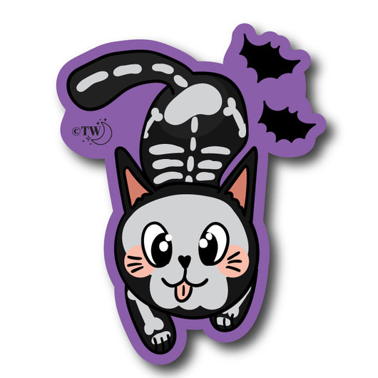 Based in Chicago by queer artist & designer Kayla Pekkala - Tiny Werewolves | Skelicat Spooky Sticker in 5" Sticker | Shop to get your Sticker with collections featuring retro-inspired designs infused with social commentary art, highlighting modern social & current events.