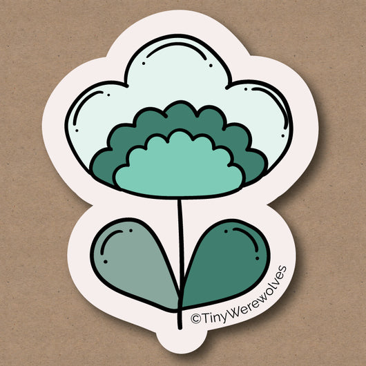Based in Chicago by queer artist & designer Kayla Pekkala - Tiny Werewolves | Teal Retro Flower Sticker in | Shop to get your Sticker with collections featuring retro-inspired designs infused with social commentary art, highlighting modern social & current events.