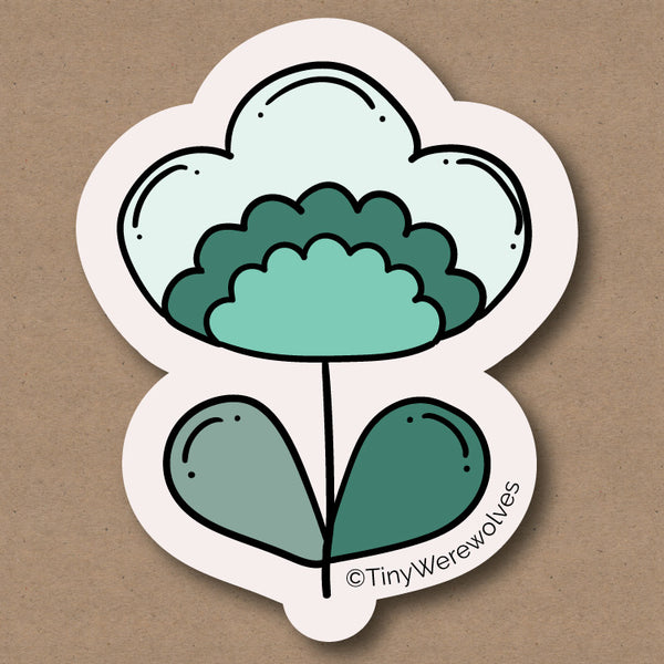 Based in Chicago by queer artist & designer Kayla Pekkala - Tiny Werewolves | Teal Retro Flower Sticker in | Shop to get your Sticker with collections featuring retro-inspired designs infused with social commentary art, highlighting modern social & current events.