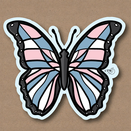 Based in Chicago by queer artist & designer Kayla Pekkala - Tiny Werewolves | Transgender Pastel Butterfly Sticker in | Shop to get your Sticker with collections featuring retro-inspired designs infused with social commentary art, highlighting modern social & current events.