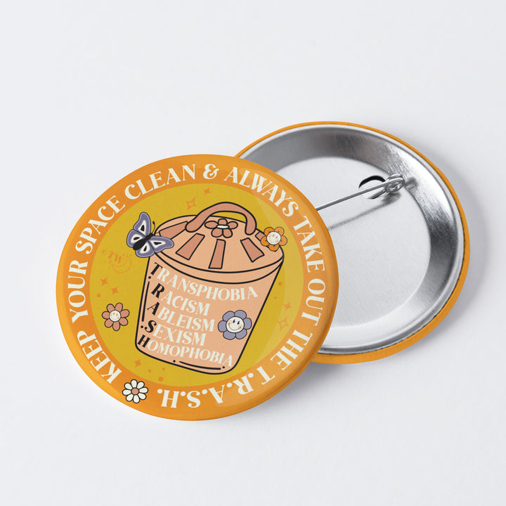 Based in Chicago by queer artist & designer Kayla Pekkala - Tiny Werewolves | Take Out The T.R.A.S.H. 1" Mini Button Pin in | Shop to get your Metal Pinback Button with collections featuring retro-inspired designs infused with social commentary art, highlighting modern social & current events.