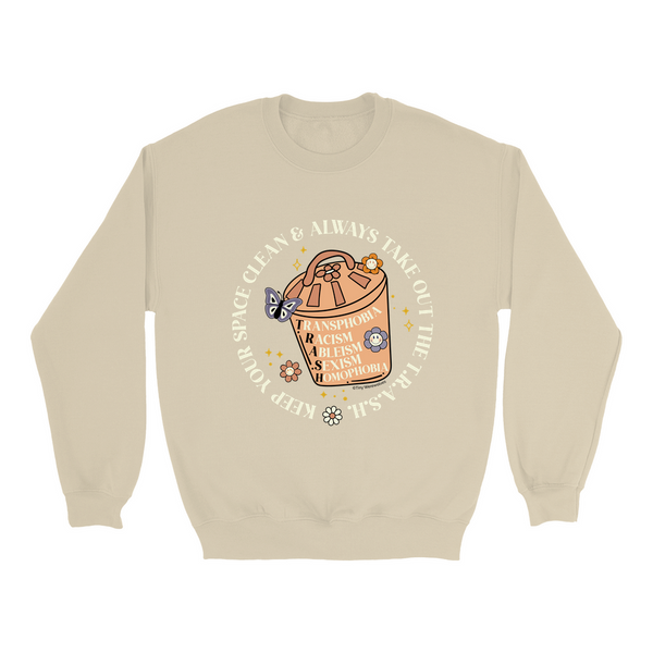 Based in Chicago by queer artist & designer Kayla Pekkala - Tiny Werewolves | Take Out The T.R.A.S.H. Crew Sweatshirt in Sand | Shop to get your Crew with collections featuring retro-inspired designs infused with social commentary art, highlighting modern social & current events.
