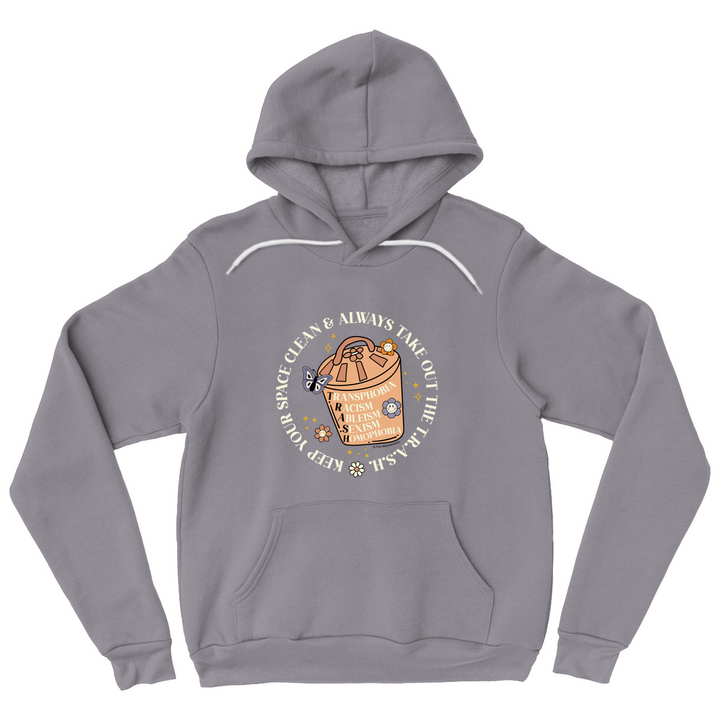 Based in Chicago by queer artist & designer Kayla Pekkala - Tiny Werewolves | Take Out The T.R.A.S.H. Pullover Hoodie in Storm | Shop to get your Pullover Hoodie with collections featuring retro-inspired designs infused with social commentary art, highlighting modern social & current events.