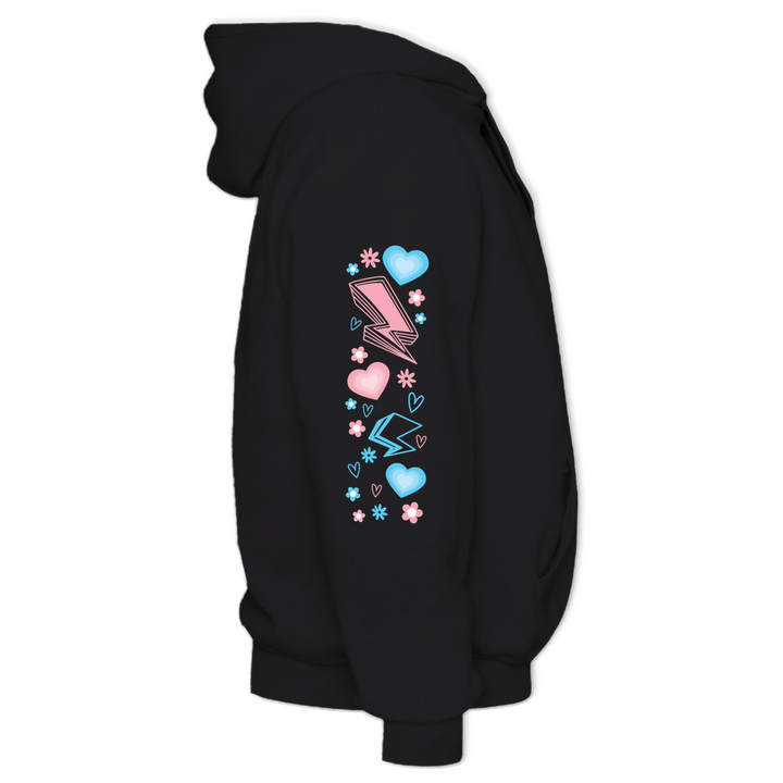 Based in Chicago by queer artist & designer Kayla Pekkala - Tiny Werewolves | Protect Trans Kids Midweight Printed Sleeve Pullover Hoodie in | Shop to get your Pullover Hoodie with collections featuring retro-inspired designs infused with social commentary art, highlighting modern social & current events.