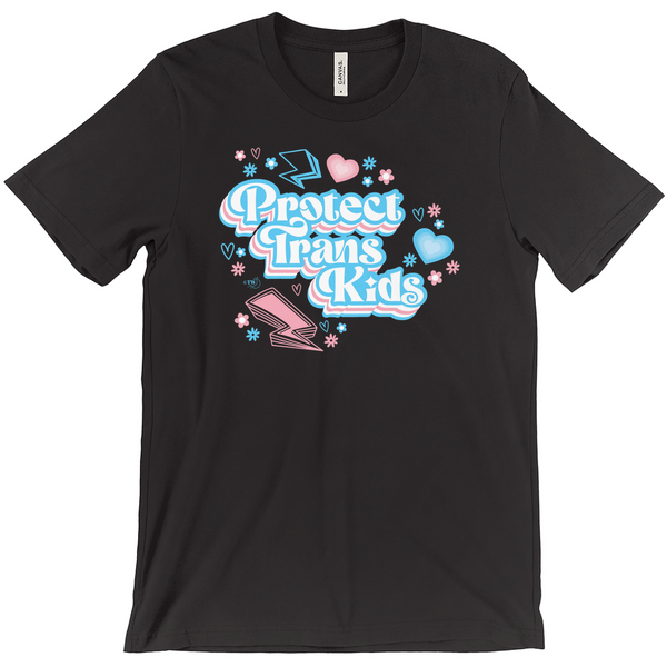 Based in Chicago by queer artist & designer Kayla Pekkala - Tiny Werewolves | Retro Protect Trans Kids Tee in Black | Shop to get your Tee with collections featuring retro-inspired designs infused with social commentary art, highlighting modern social & current events.