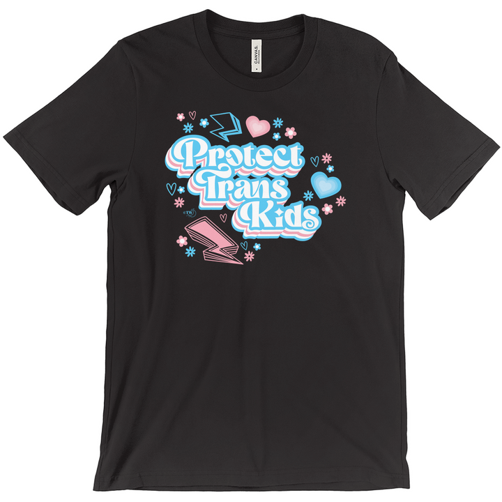 Based in Chicago by queer artist & designer Kayla Pekkala - Tiny Werewolves | Retro Protect Trans Kids Tee in Black | Shop to get your Tee with collections featuring retro-inspired designs infused with social commentary art, highlighting modern social & current events.