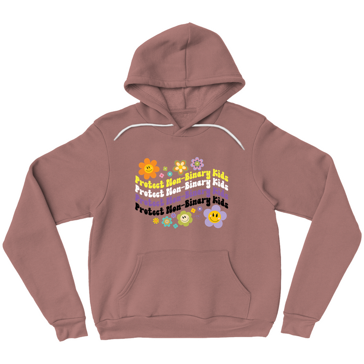 Based in Chicago by queer artist & designer Kayla Pekkala - Tiny Werewolves | Retro Flowers Protect Non-Binary Kids Pullover Hoodie in Mauve | Shop to get your Pullover Hoodie with collections featuring retro-inspired designs infused with social commentary art, highlighting modern social & current events.